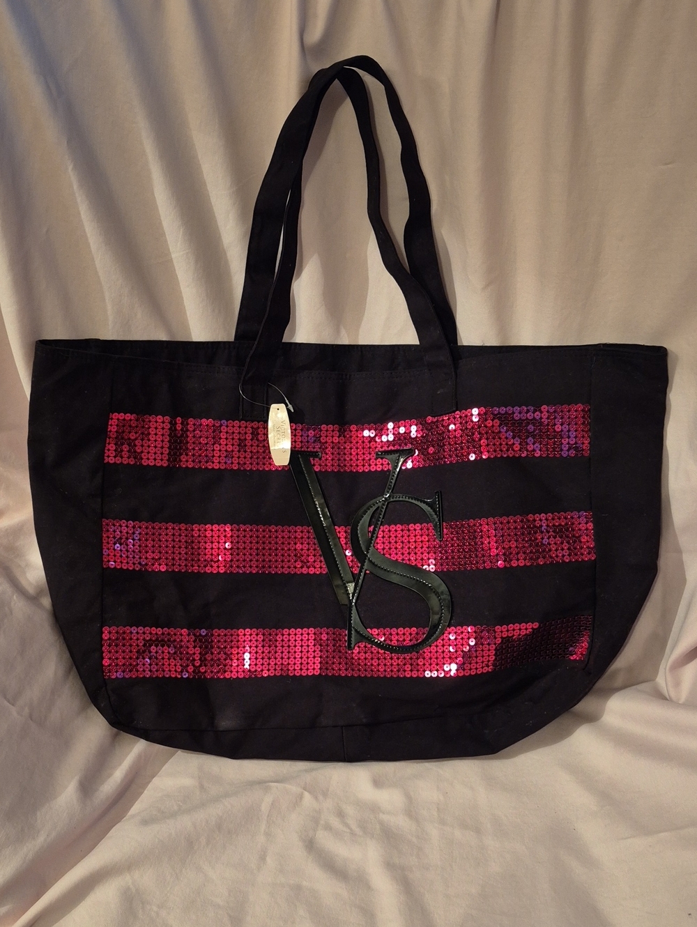 NWT Victoria's Secret Black Tote Pink Sequin Stripes